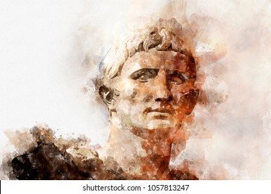 Watercolor, Sculpture Of The Emperor Trajano Of Rome