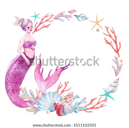 Watercolor Sea Frame Mermaid Corals Shells Stock Illustration