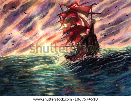 Watercolor sea landscape painting with ship with scarlet sails, nature landscape with sunlight flares on water, magic vessel in raging ocean artwork, hand drawn stormy weather art with sunny horizon.