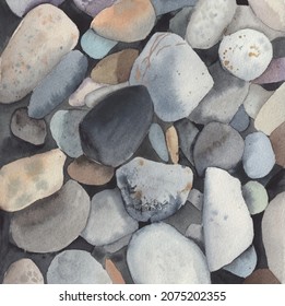 Watercolor sea pebbles and stones
