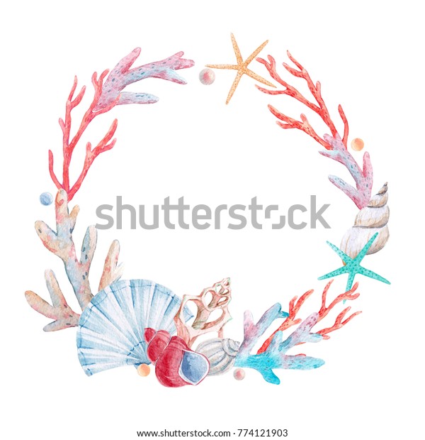 水彩色の丸花輪 貝 サンゴ ヒトデ 真珠 招待状テンプレート のイラスト素材