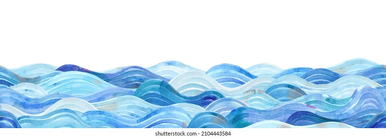 Watercolor Sea. Seamless Pattern. Horizontal Border. Blue Waves In The Ocean.