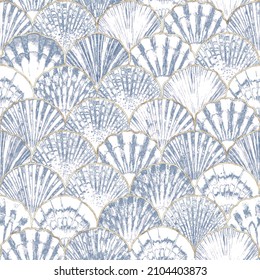 Watercolor sea shell japanese waves blue white seamless pattern. Hand drawn seashells ocean background with golden line. Watercolour marine illustration. Print for wallpaper, fabric, textile, wrapping