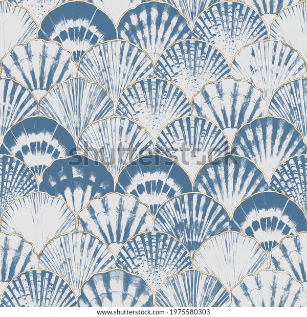 Watercolor sea shell japanese waves seamless\
pattern. Hand drawn seashells texture iocean background with gold\
line. Watercolour marine illustration. Print for wallpaper, fabric,\
textile,\
wrapping.