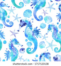 Watercolor seahorses, starfishes and seashells in blue and turquoise.