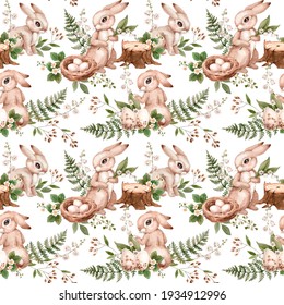 Watercolor Seamles Repeat Woodland Pattern. Cute Bunnies Easter Forest Story. Rabbits, Eggs, Fern, Lily Of Valley, Bird Nest, Stump. Ideal Nersery Wallpaper, Easter Giftpaper. Hand Drawn Illustration.