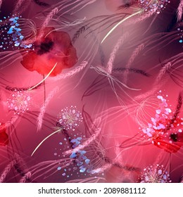 Watercolor seamless abstract background, pattern. Ears of wheat. spikelet, branch. Spikelet of wheat, plants poppy flowers, dandelion. Floral background. Pollen of flowers, radiance.Paint splash 