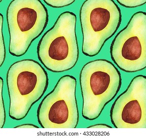 watercolor seamless avocado pattern hand painting on sea green background