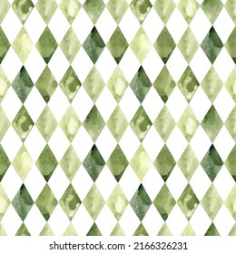 Watercolor Seamless Background With Rhombuses. Green Rhombuses Pattern. Geometric Texture For Fabric, Textile, Paper, Wall. Harlequin Background.