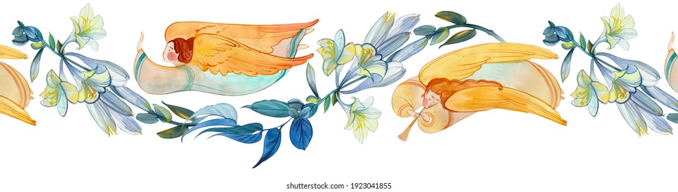 Watercolor Seamless Banner With Angels And Flowers. Easter Ornament, Wedding, Church Background, Birthday Decoration.
Easter, Christmas, Baptism, Pentecost, Religious Banner, Christian Prints