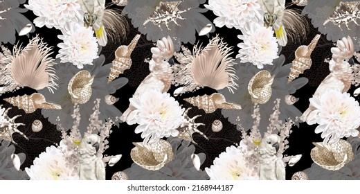 Watercolor Seamless Boho Pattern. Parrots, Flowers And Shells. Beige Pattern