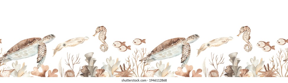 Watercolor seamless border with brown underwater world, sea turtle, seahorse, squid, algae, corals