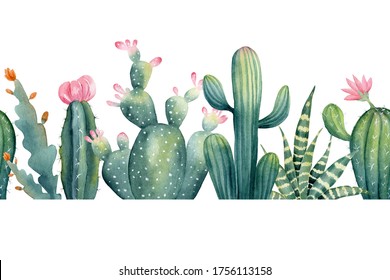 Watercolor Seamless Border Of Cactus And Succulent With Pink Flower. Hand Painted Illustration Of Houseplant. Repeated Horizontal Pattern. Greenery Frame For Home Decor.