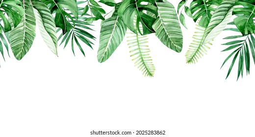 Watercolor Seamless Border, Frame With Green Tropical Leaves. Palm Leaves, Monstera, Banana Leaves Isolated On White Background. Pattern, Print, Web Banner