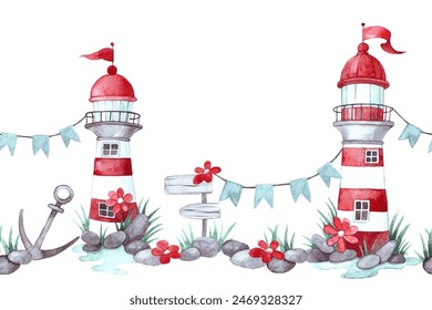 watercolor seamless border, frame on a marine theme. cute lighthouse. illustration for children - Powered by Shutterstock