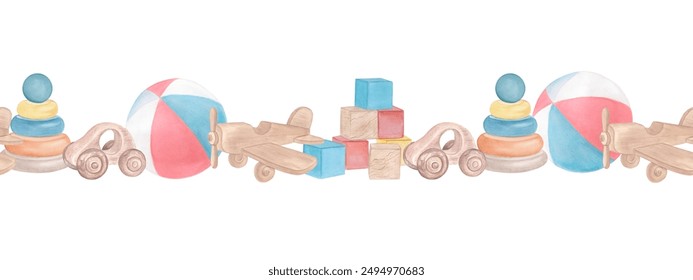 Watercolor seamless border. Hand-drawn children's frame in soft colors consisting of wooden toys. Perfect template for nurseries, cards, textiles, baby showers, scrapbooking, and more - Powered by Shutterstock