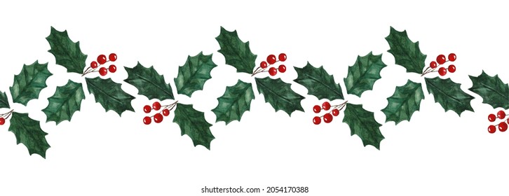 Watercolor seamless border with holiday Christmas plants and berries. Decorative element for invitations and greeting cards