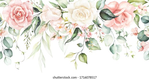 Watercolor seamless border - illustration with bright pink vivid flowers, green leaves, for wedding stationary, greetings, wallpapers, fashion, backgrounds, textures, DIY, wrappers, cards.
