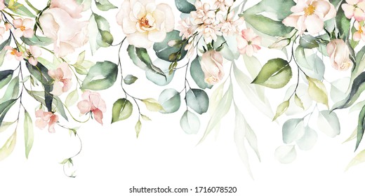 Watercolor seamless border - illustration with bright pink vivid flowers, green leaves, for wedding stationary, greetings, wallpapers, fashion, backgrounds, textures, DIY, wrappers, cards.