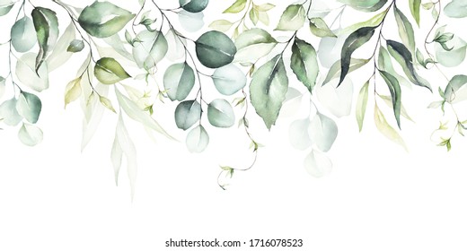 Watercolor seamless border - illustration with green leaves and branches, for wedding stationary, greetings, wallpapers, fashion, backgrounds, textures, DIY, wrappers, cards.