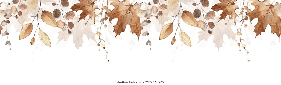 Watercolor seamless border on white background. Orange and yellow autumn wild flowers, branches, maple leaves and twigs