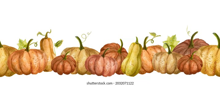 Watercolor Seamless Border With Orange Pumpkins For Thanksgiving Day Banner Or Halloween Design. Autumn Hand Painted Illustration For Harvest Festival. Pattern With Vegetables