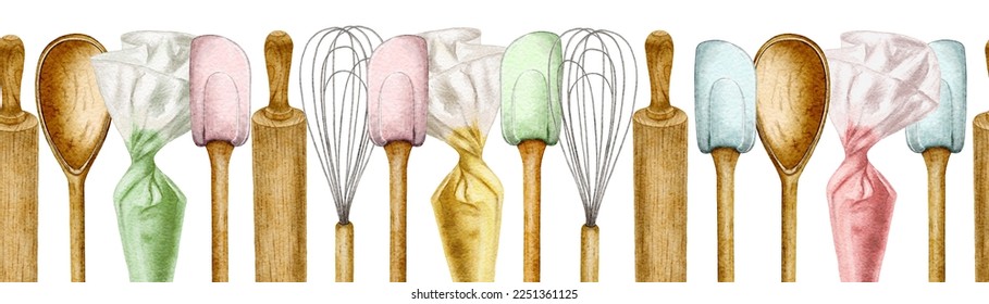 Watercolor seamless border pattern of kitchen utensils, pastry bag, whisk, rolling pin, cake spatula, cooking tools on white background. High quality illustration - Powered by Shutterstock