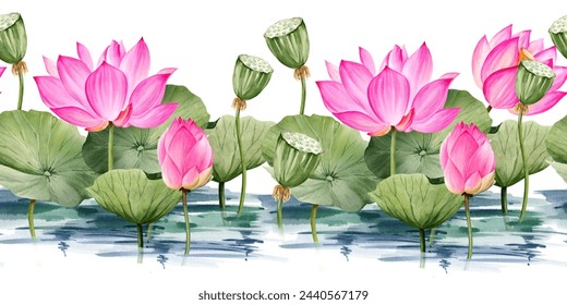 watercolor seamless border with pink lotus flower and leaves, hand drawn illustration of spa and yoga theme, sketch of purple water lily with buds in water, Asian tropical flower on white background - Powered by Shutterstock