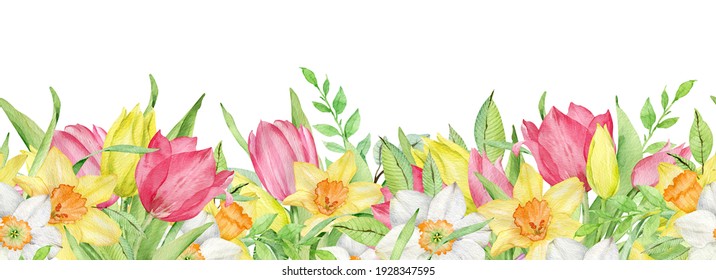 Watercolor seamless border of pink and yellow tulips and daffodils. Easter floral border.