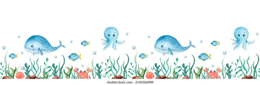 Watercolor Seamless Border With Whales, Octopus, Seahorse, Algae, Crabs, Fishes On White Background. Sea Wallpaper Design