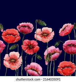 Watercolor seamless border wild flowers red poppies on a stem with buds. Blooming summer field. Hand-drawn watercolor on a dark blue background for fabric, textile, wallpaper, packaging, print, canvas