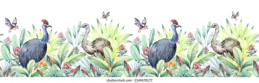 Watercolor Seamless Borders. Australia Tropical Flowers And Plants With Australian Animals, Emu, Cassowary, Flying Fox. Decor, Cards, Children's Design, Seamless Border.