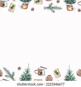 Watercolor Seamless Christmas Frame For Decor, Greeting, Invitations, Table Runner, Textile, Giftpaper And Other Crafts