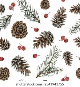 Watercolor seamless Christmas pattern of pine branches and pine cones and red berries, white background, for design invitation backgrounds - Powered by Shutterstock