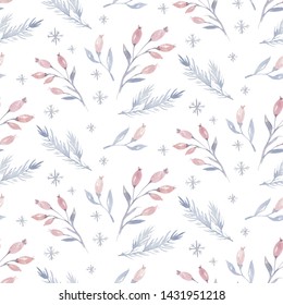 Watercolor Seamless Christmas Pattern With Tree, Snowflakes, Branches. Penguin Winter Snow Hand Drawn