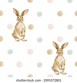 Watercolor seamless cute pattern polka dots and bunnies. Isolated on white background. Hand drawn clipart. Perfect for card, fabric, tags, invitation, printing, wrapping.