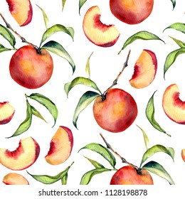 Watercolor seamless decoration
 pattern with fresh peaches and green leaves on white background.