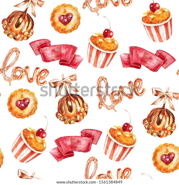 ラブワードの形をした風船 赤いリボン キャラメル パイ チェリーカップケーキを使った シームレスな美しいお祭りの模様 白い背景に手描きのパーティーの素材 のイラスト素材
