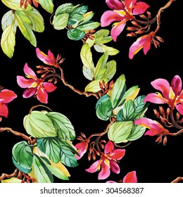 Watercolor seamless floral pattern on black background with red flowers