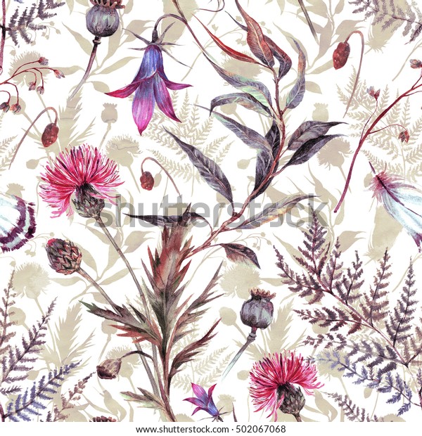 夏の野草の水彩シームレスな花柄 草花 アザミ 青いベル シダ ハーブ 羽 ビンテージ花柄の飾り 自然な布地の印刷デザイン のイラスト素材