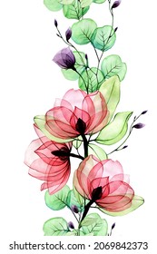 
watercolor seamless gordur and transparent flowers  pink flowers wild rose  wild rose   green eucalyptus leaves  delicate drawing x  ray