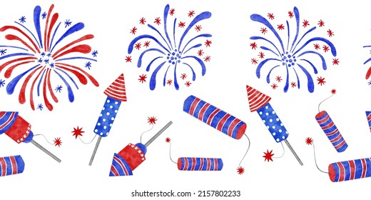 Watercolor Seamless Hand Drawn Horizontal Border With 4th Of July Fireworks Fire Crackers, Fouth Of July Patriotic American Design With Party Elements In Blue Red White Colors. US Celebration Print