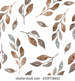 Watercolor Seamless Hand Drawn Pattern Of Grey Gray Brown Neutral Faded Leaves Leaf. Soft Colors For Textile Design Wallpaper. Elegant Boho Bohemins Style For Modern Minimalist Floral Decor