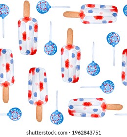 Watercolor seamless hand drawn pattern for patriotic 4th fourth of July Independence Day celebration. Design with sweets desserts candies popisicles ice cream cupcake donuts. Red blue white stars - Powered by Shutterstock