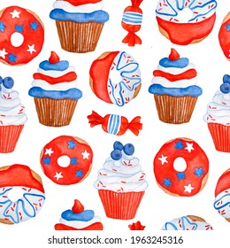 Watercolor seamless hand drawn pattern for patriotic 4th fourth of July Independence Day celebration. Design with sweets desserts candies popisicles ice cream cupcake donuts. Red blue white stars - Powered by Shutterstock