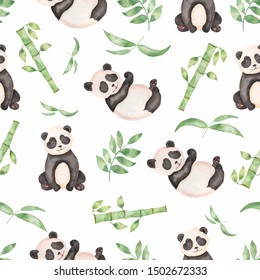 Watercolor Seamless Hand Drawn Tropical Leaves Bamboo Tree Pattern With Panda Bear. Aquarelle Wild Leaves With Wild Animal For Background, Texture, Wrapper Pattern