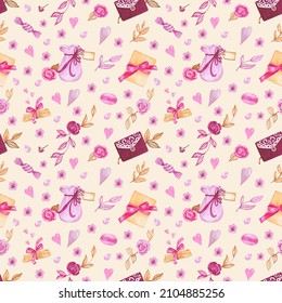Watercolor seamless happy valentine pattern and letter bucket macaroon cookies sweet candy hearts   flowers beige background For valentine's day wrapping package 
