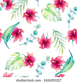 Watercolor seamless ornament. Tropical pattern. Exotic leaves and flowers on a white background. Hand drawn - Shutterstock ID 1426295327