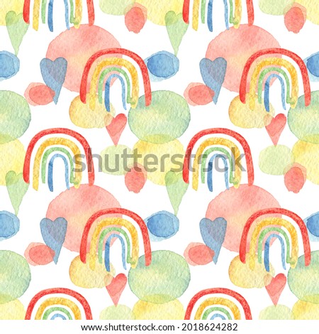 Watercolor seamless pattern. Abstract simple elements: colored hearts, watercolor stains, rainbow.Floral design, Naive art, Infantile style art. Colorful trendy illustrations.