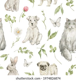 Watercolor Seamless Pattern With Adorable Pets And Flora. Cute Grey Cat, Dogs, Pug, Schnauzer, Butterfly, Clover, Leaf, Chamomile Flowers